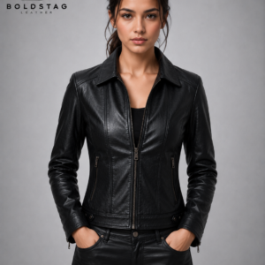 Women's Black Leather Zip Jacket