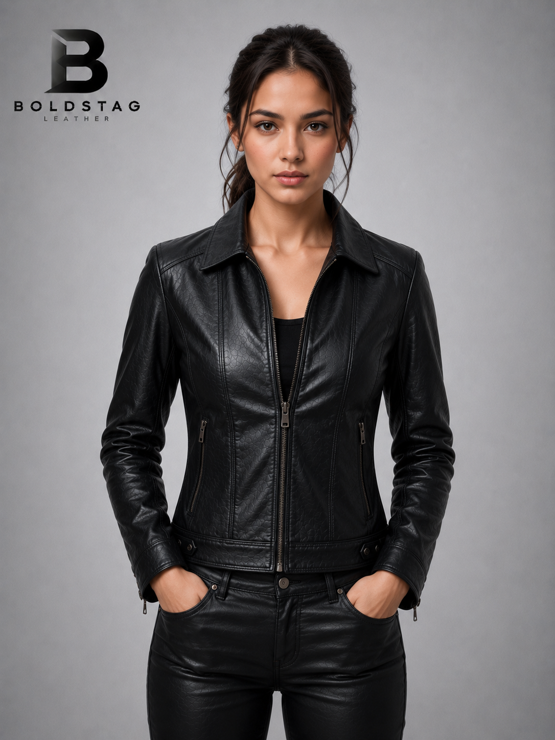 Women's Black Leather Zip Jacket