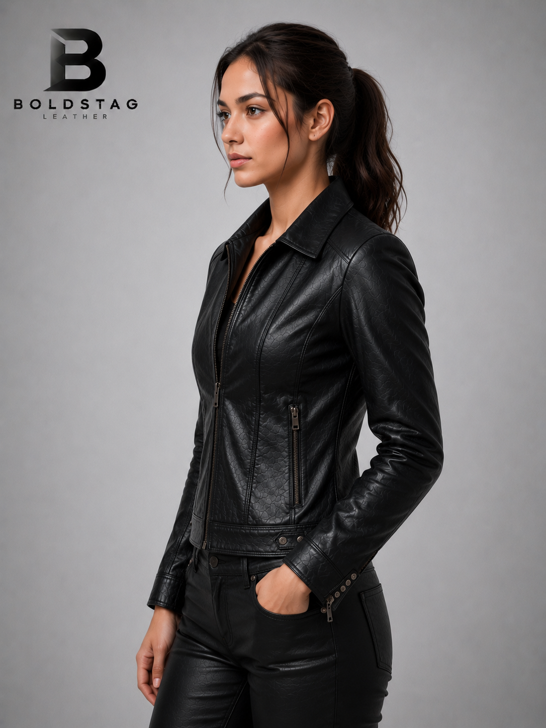 Women's Black Leather Zip Jacket - Image 3