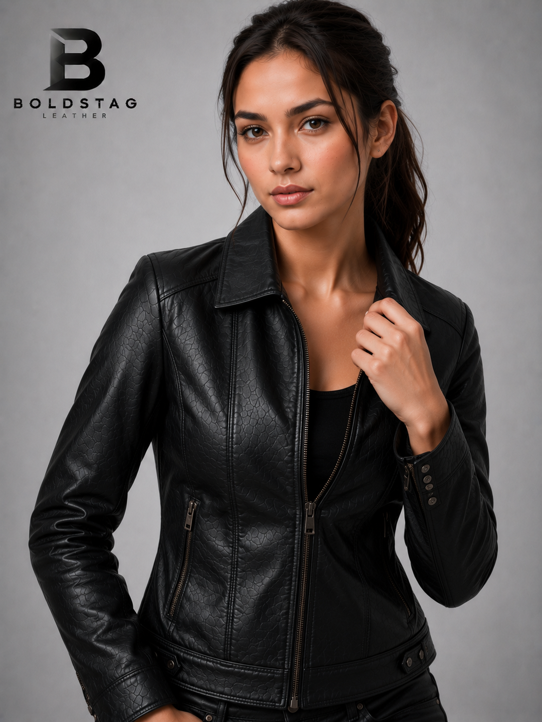 Women's Black Leather Zip Jacket - Image 6