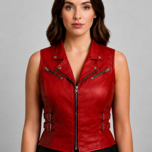 Women’s Red Sleeveless Leather Jacket – Moto Style Zip Vest