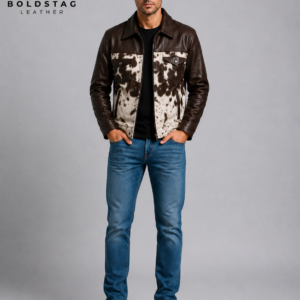 Men’s Brown Cowhide Leather Trucker Jacket – Western Style Jacket