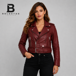 Maroon Leather Moto Jacket for Women – Belted Biker Style